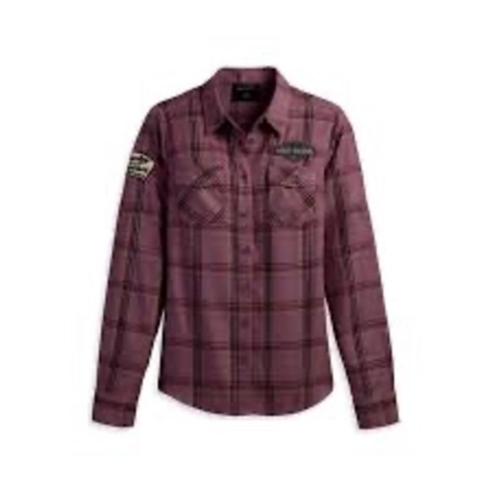 Harley-Davidson Womens Purple Plaid Button Down Shirt Logo Patches Size M
